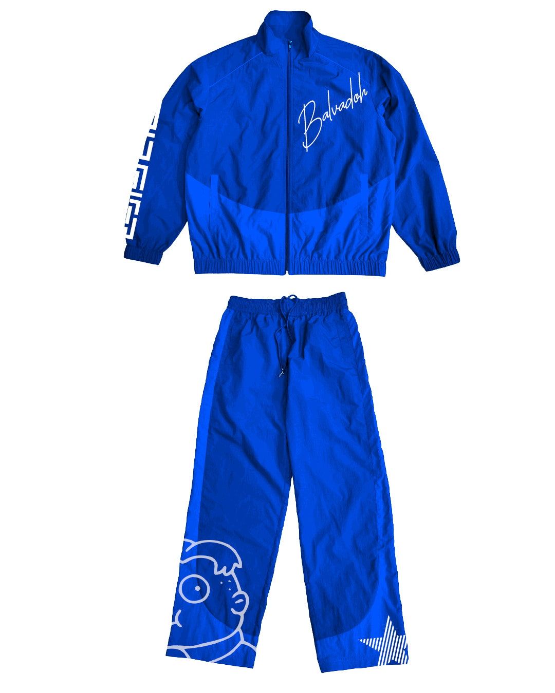 Blue tracksuit with white text and graphics on a white background